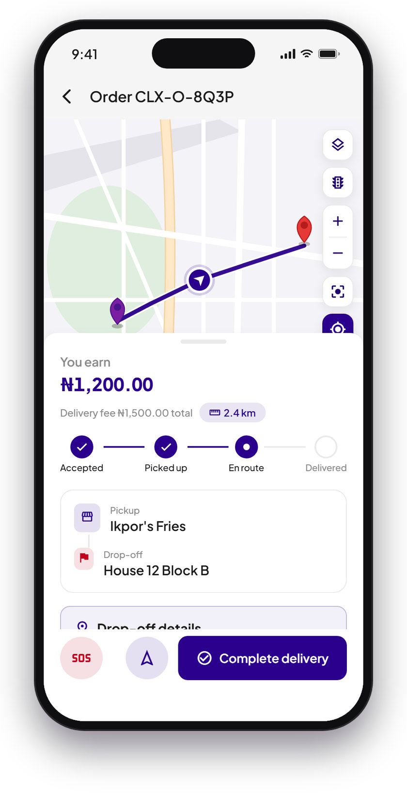 The job screen with the route on the map, the pickup and drop-off, the SOS button and Complete delivery
