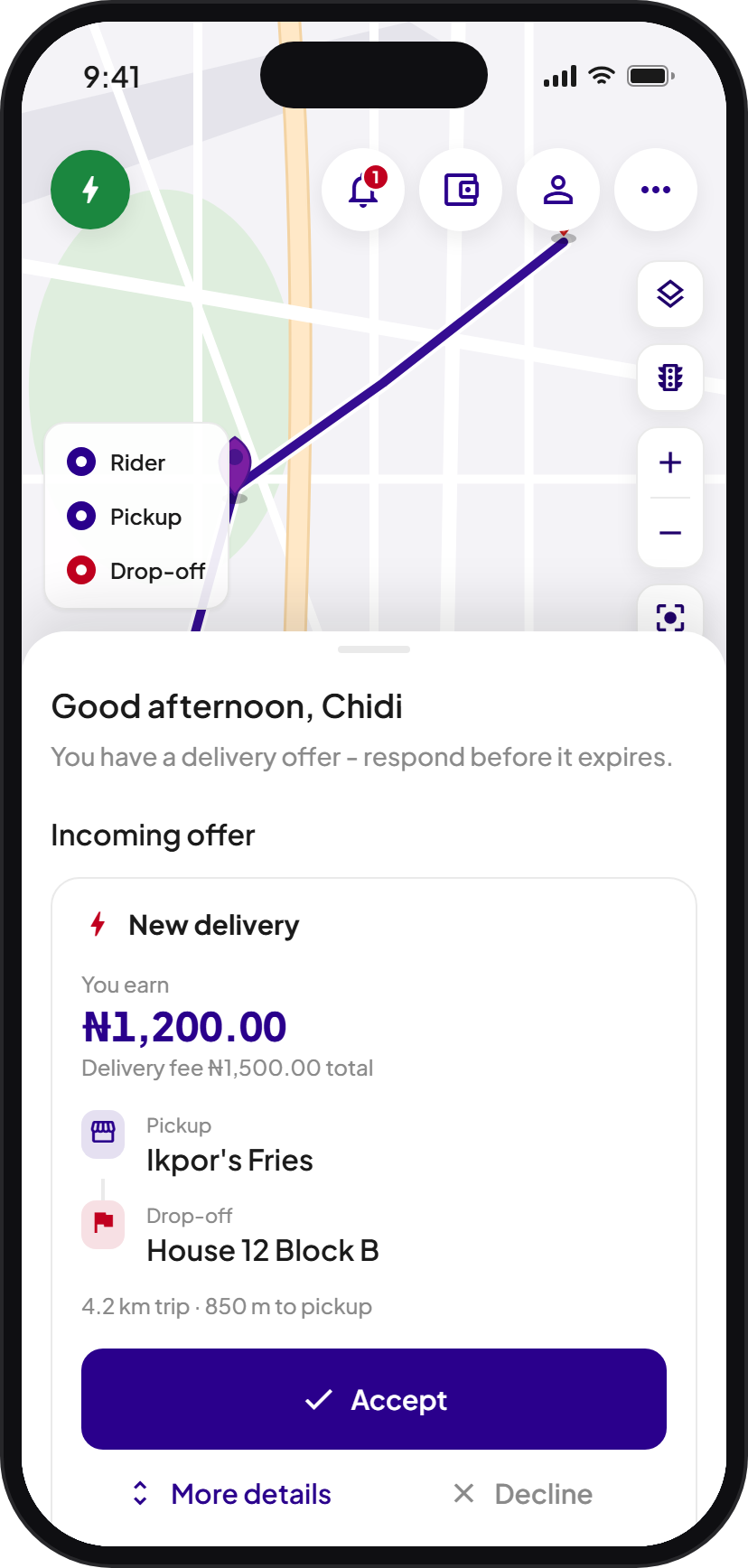 Cartlex Rider on a phone: a new delivery offer on the map, with Accept and Decline