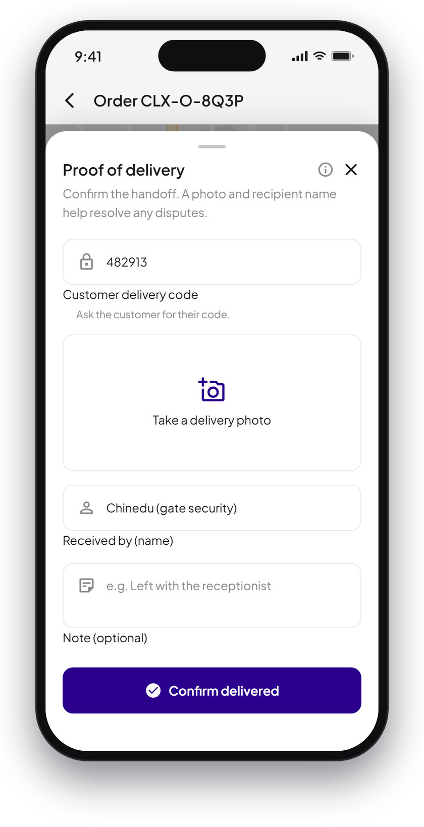 Proof of delivery: the customer's delivery code, a photo and the recipient's name