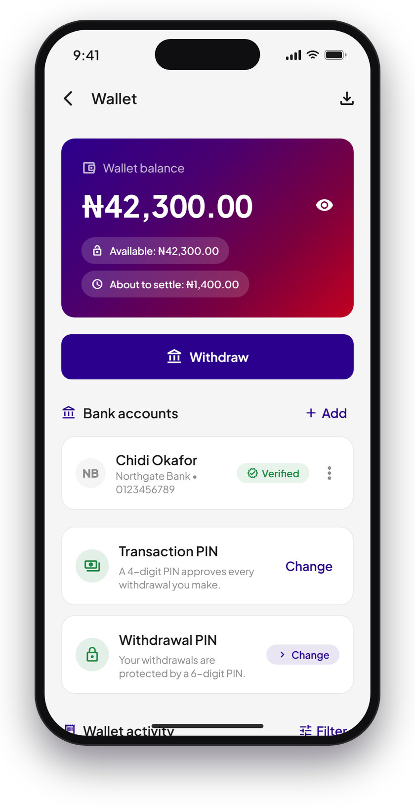 The rider wallet with Withdraw, a verified bank account and the transaction PIN