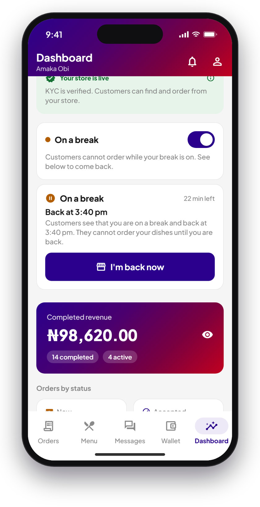 The dashboard on a break, showing customers when the store will be back