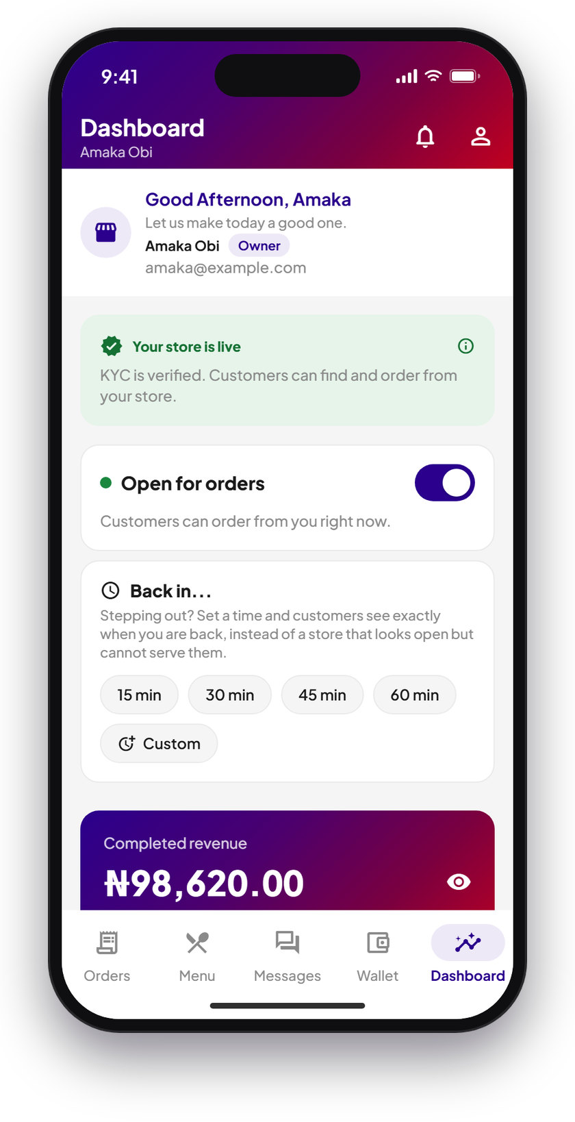 The Cartlex Sales dashboard with the store switched open for orders