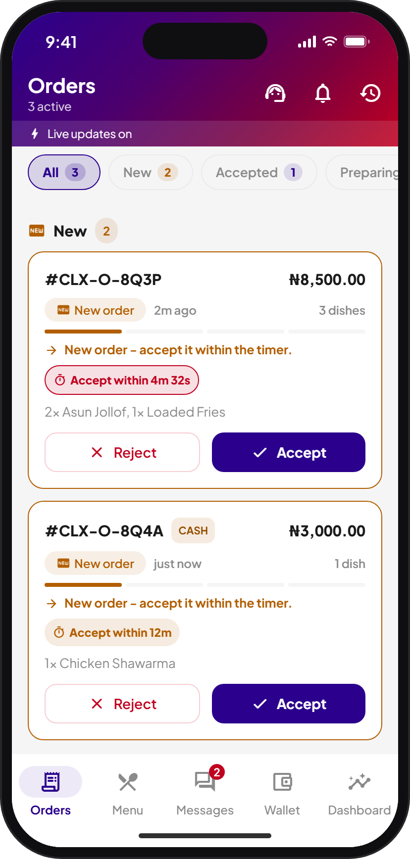 The Cartlex Sales orders board on a phone: two new orders waiting, each with a timer to accept