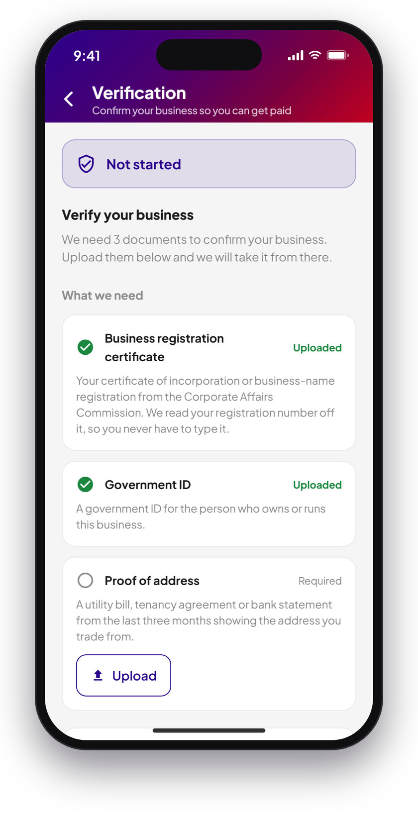 The verification screen listing business registration, government ID and proof of address