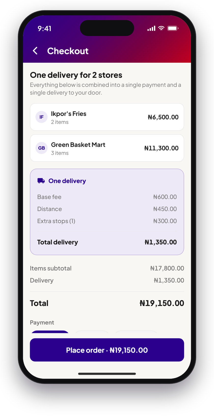 The checkout with two stores in one basket and one delivery