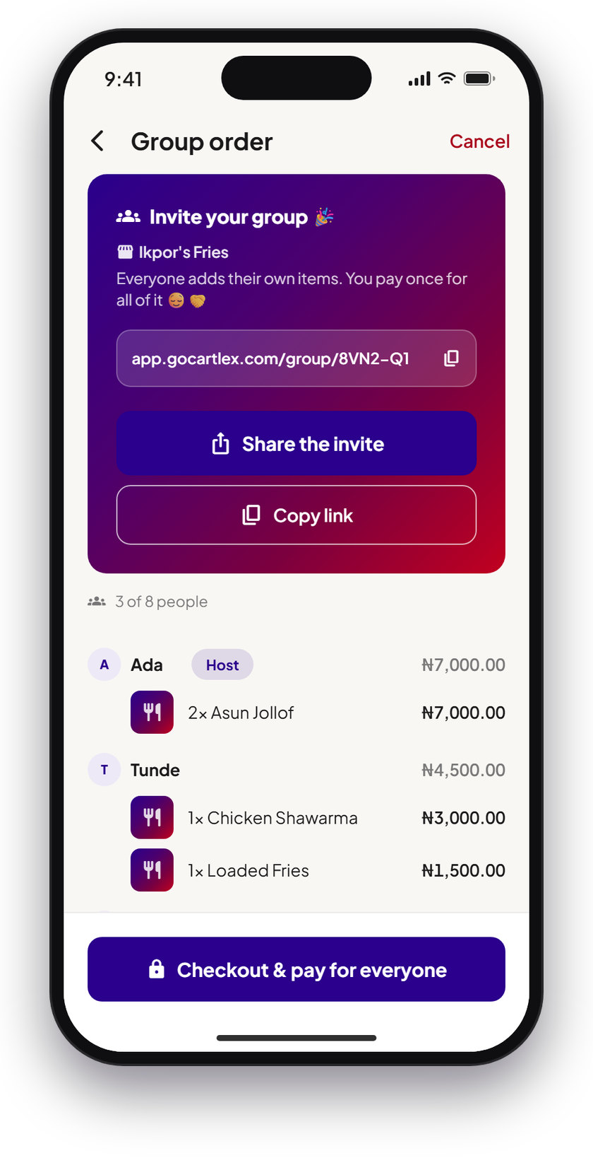 A group order with the invite link and each person's own items