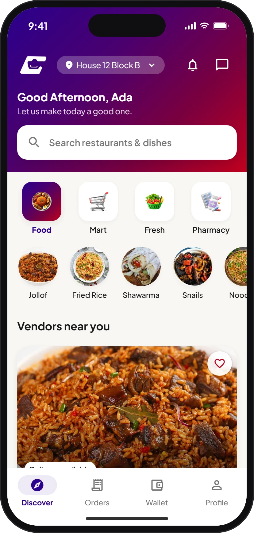 The Cartlex home screen on a phone: Food, Mart, Fresh and Pharmacy, dishes to browse and vendors near you