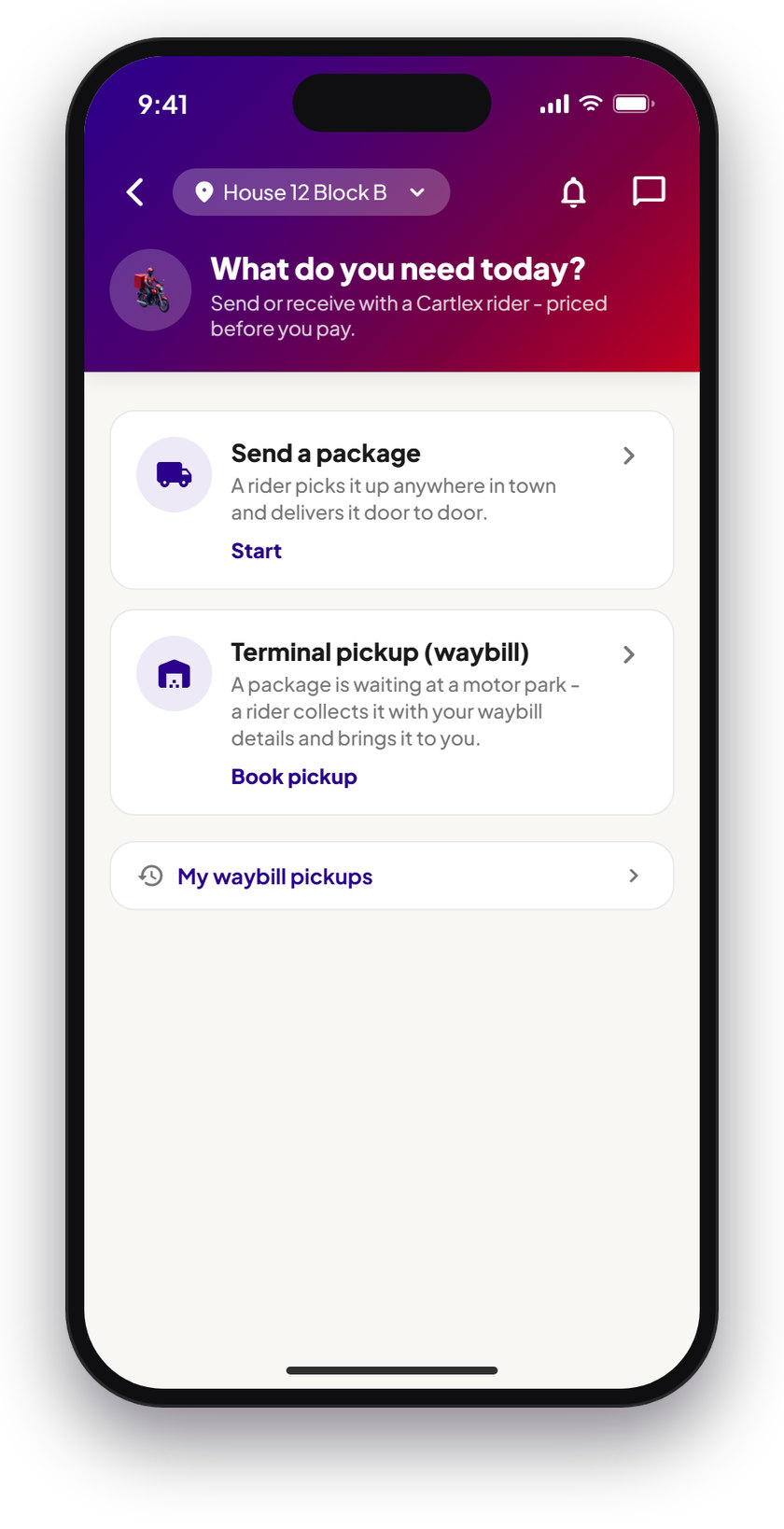 The parcel screen: send a package across town or book a terminal pickup