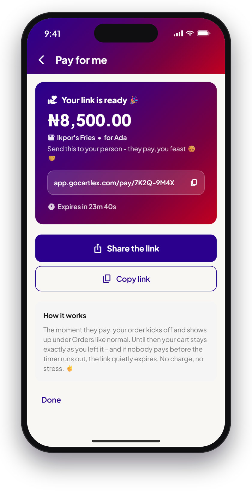A Pay for me link ready to share, with how it works explained underneath