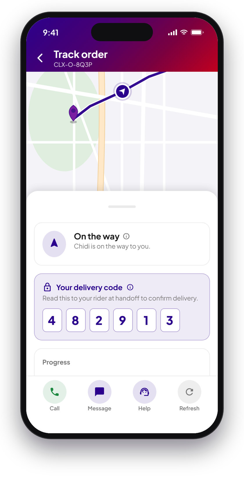 Live tracking of the rider on a map, with the delivery code to read out at handoff