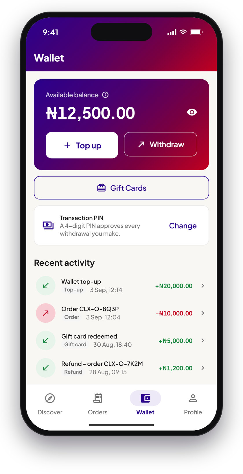 The Cartlex wallet with top up, withdraw and the transaction PIN